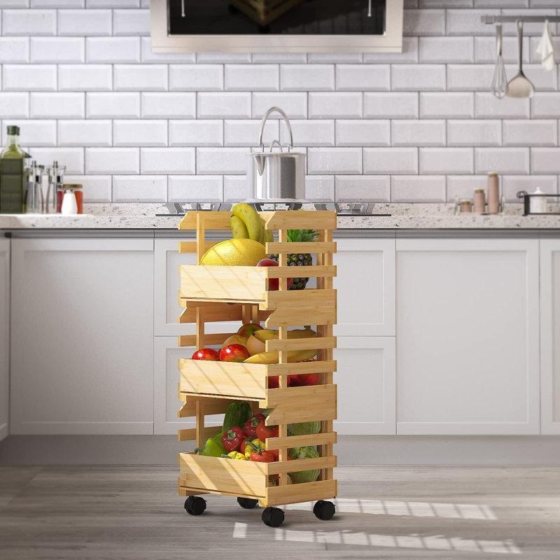Doğal Bambu ve Masif Ahşap 3 Katlı Tekerlekli Sebzelik - 82x35x26 cm - 177680