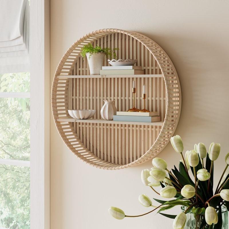 Doğal Bambu Yuvarlak 2 Raflı Bohem Duvar Rafı - 60 cm - 179812