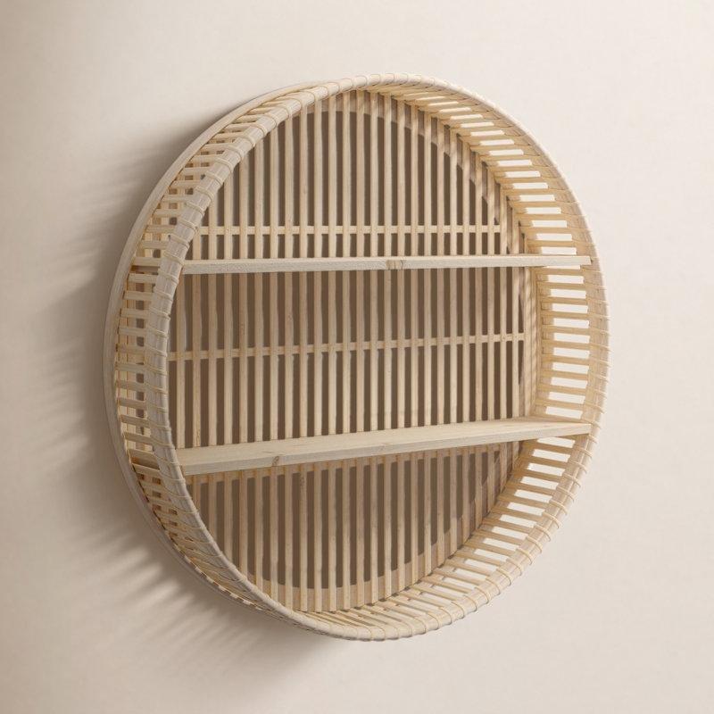 Doğal Bambu Yuvarlak 2 Raflı Bohem Duvar Rafı - 60 cm - 179812