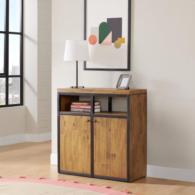 Doğal Eskitme Kahverengi Masif Akasya Ağacı ve Metal İki Kapaklı Rustik Endüstriyel Ayakkabılık - 79x84 cm - 229639
