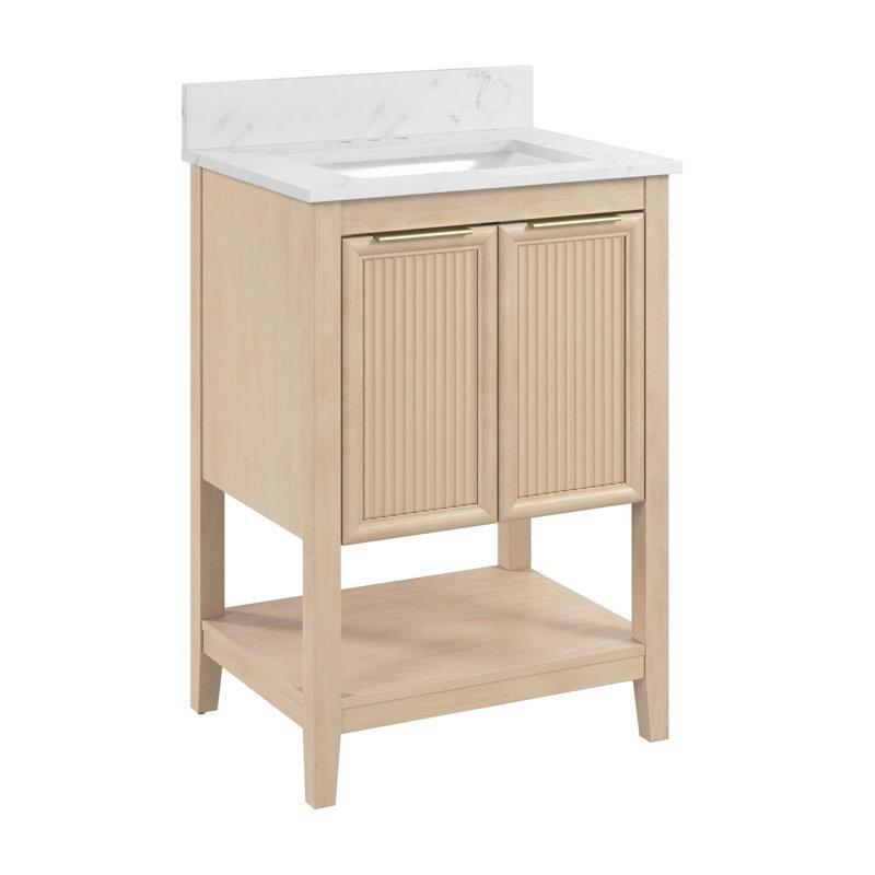 Doğal Huş Rengi Yivli Kapaklı Mermer Görünümlü Tezgahlı Ayaklı Banyo Lavabo Dolabı - 61 cm - 199087