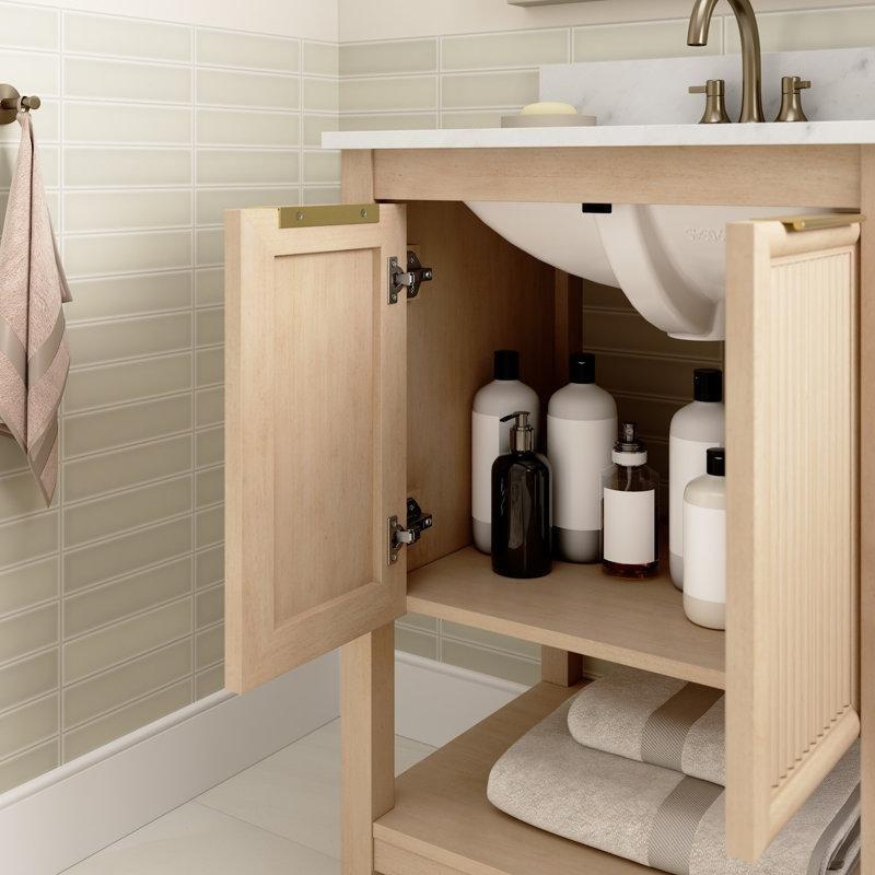 Doğal Huş Rengi Yivli Kapaklı Mermer Görünümlü Tezgahlı Ayaklı Banyo Lavabo Dolabı - 61 cm - 199087
