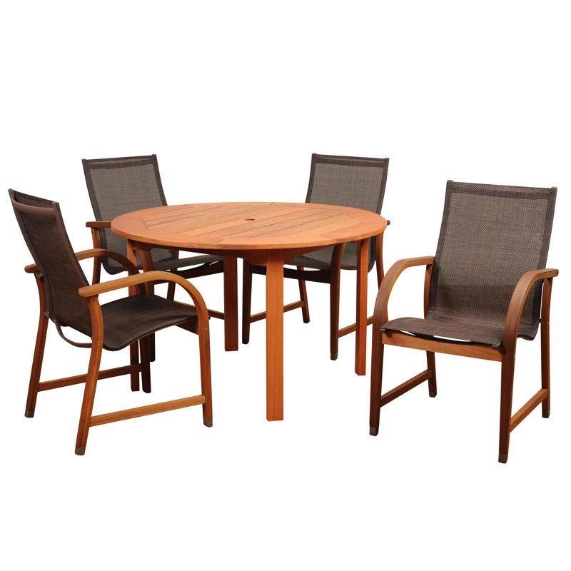 Doğal Kahverengi Masif Okaliptüs Şemsiye Delikli Yuvarlak 4 Kişilik Bahçe Masa Takımı - 120 cm - 213232