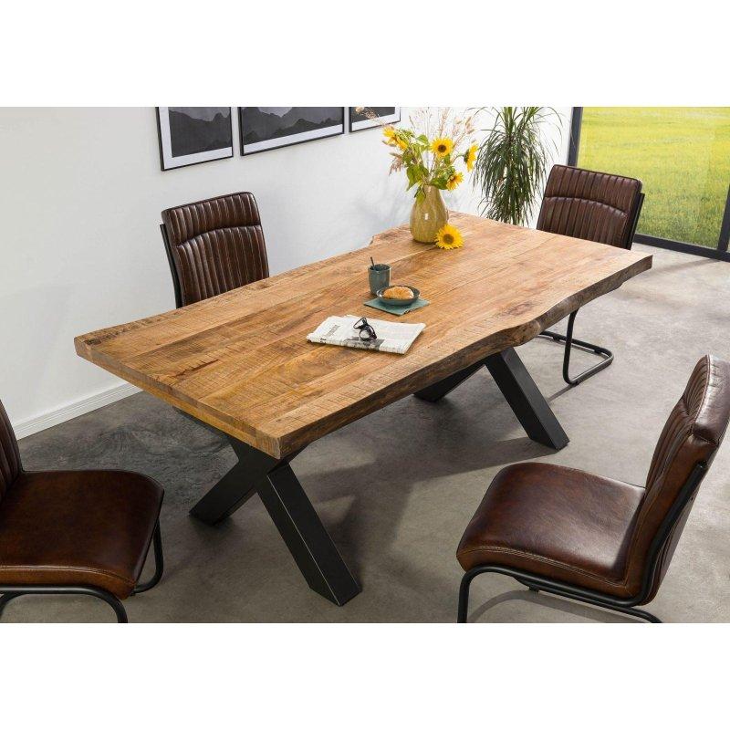 Doğal Mango Ağacı Antrasit Mat X Ayaklı Doğal Kenarlı Bohem Yemek Masası - 240x100 cm - 235907