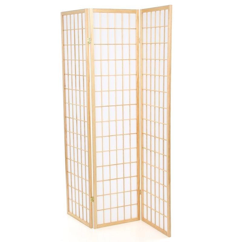 Doğal Masif Ahşap 3 Panelli Katlanır Japon Stili Paravan - 179x133 cm - 184284