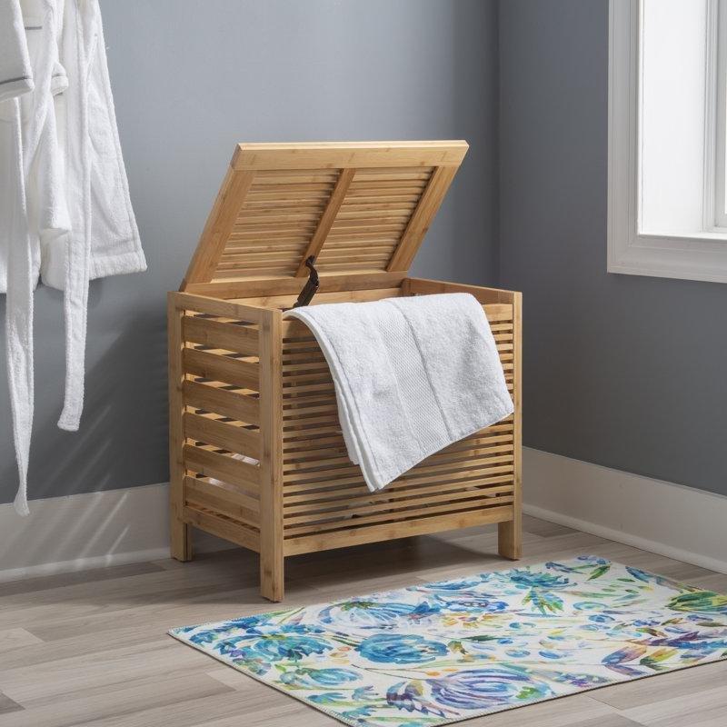 Doğal Masif Ahşap Bambu Kapaklı Çıtalı Tasarım Çamaşır Sepeti - 56x52 cm - 187846