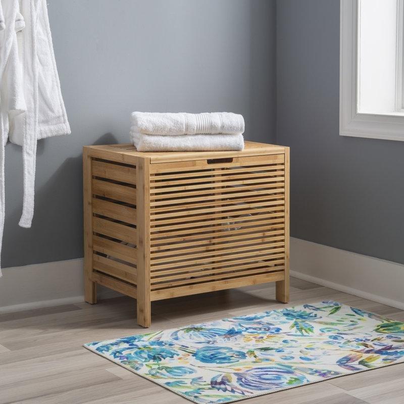 Doğal Masif Ahşap Bambu Kapaklı Çıtalı Tasarım Çamaşır Sepeti - 56x52 cm - 187846