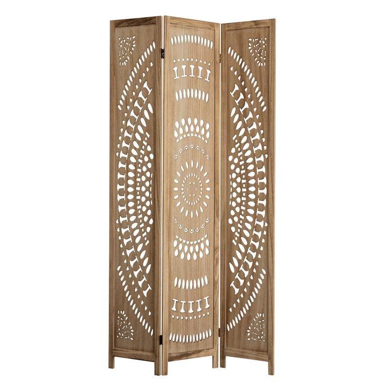 Doğal Masif Ahşap Çiçek Desenli Oyma Katlanır Paravan - 170x120 cm - 184942