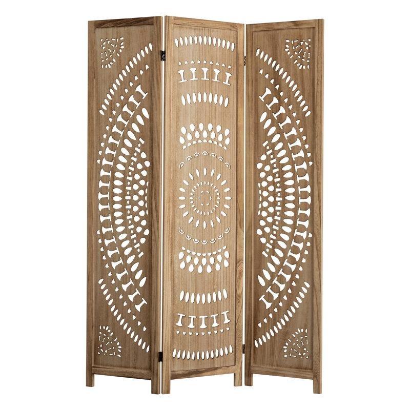 Doğal Masif Ahşap Çiçek Desenli Oyma Katlanır Paravan - 170x120 cm - 184942