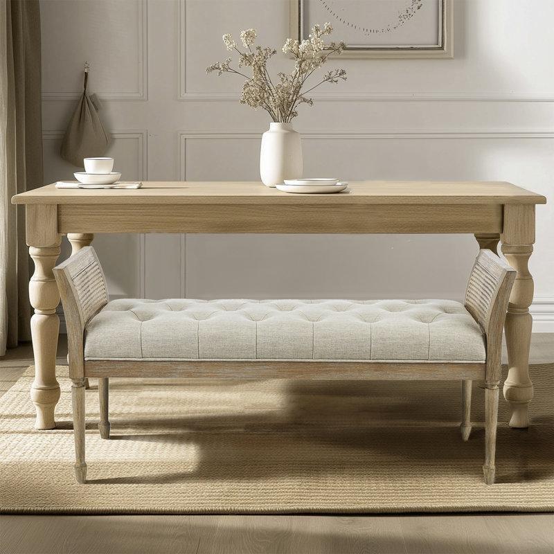 Doğal Masif Ahşap Kapitoneli Hasır Kollu Tornalı Ayaklı Bench - 124 cm - 164347