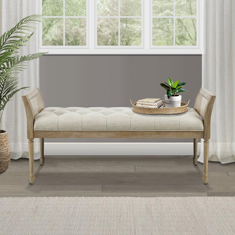 Doğal Masif Ahşap Kapitoneli Hasır Kollu Tornalı Ayaklı Bench - 124 cm - 164347