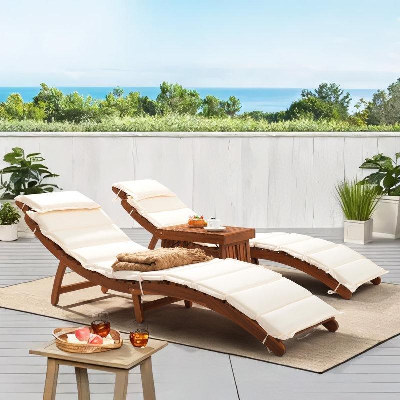 Doğal Masif Ahşap Katlanır Sehpalı Minderli Şezlong Seti - 190x52 cm - 171151