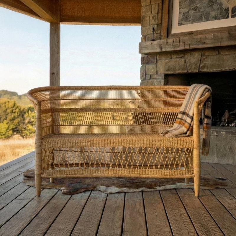 Doğal Masif Ahşap ve Rattan El Örgüsü İkili Koltuk - 121 cm - 206848
