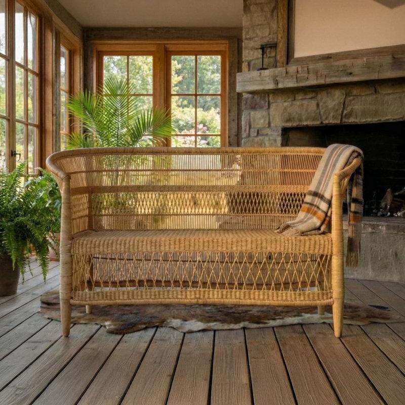 Doğal Masif Ahşap ve Rattan El Örgüsü İkili Koltuk - 121 cm - 206848