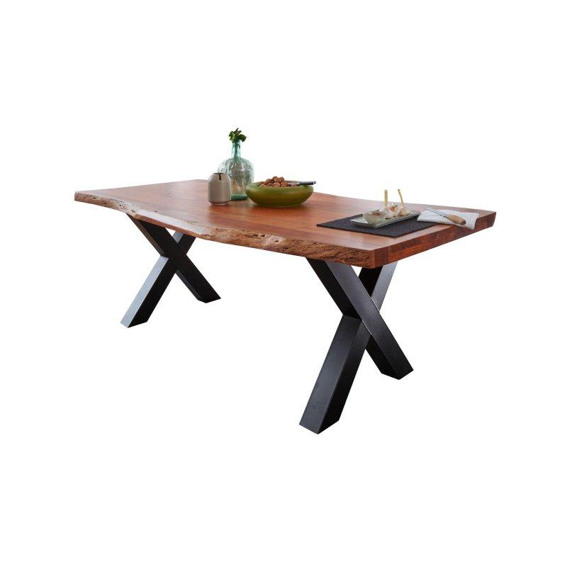 Doğal Masif Akasya Ahşap Kütük Kenarlı X Ayaklı Bohem Yemek Masası - 160x90 cm - 236519