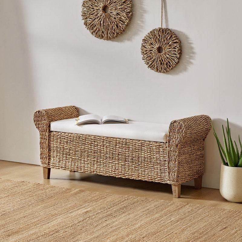 Doğal Masif Akasya Ahşap ve Hasır Sandıklı Döşemeli Bench Modelleri - 143 cm - 164665