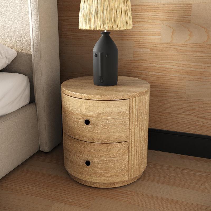 Doğal Masif Akasya Ahşap Yuvarlak İki Çekmeceli Yivli Komodin - 56 cm - 224158