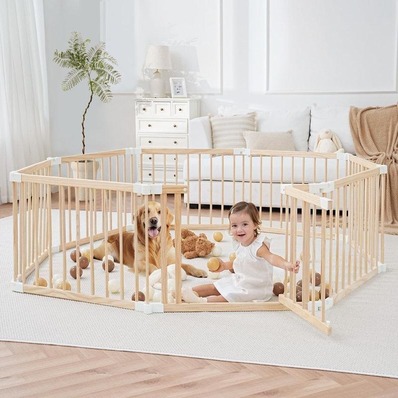 Doğal Masif Çam Ağacı Katlanabilir Modüler Kilitli Kapılı Bebek Çocuk Oyun Alanı - 61 cm - 181464