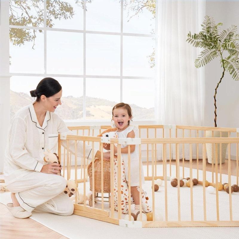 Doğal Masif Çam Ağacı Katlanabilir Modüler Kilitli Kapılı Bebek Çocuk Oyun Alanı - 61 cm - 181464