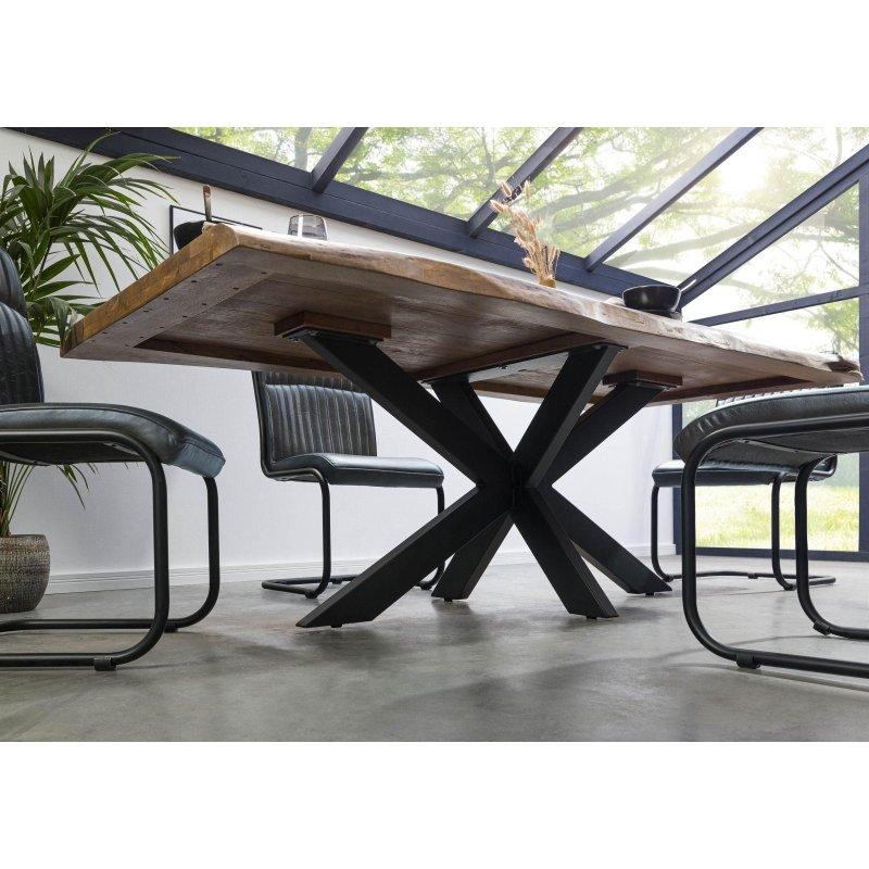 Doğal Masif Mango Ağacı Kütük Kenarlı Antrasit Metal Çapraz Ayaklı Bohem Yemek Masası - 180x90 cm - 235971