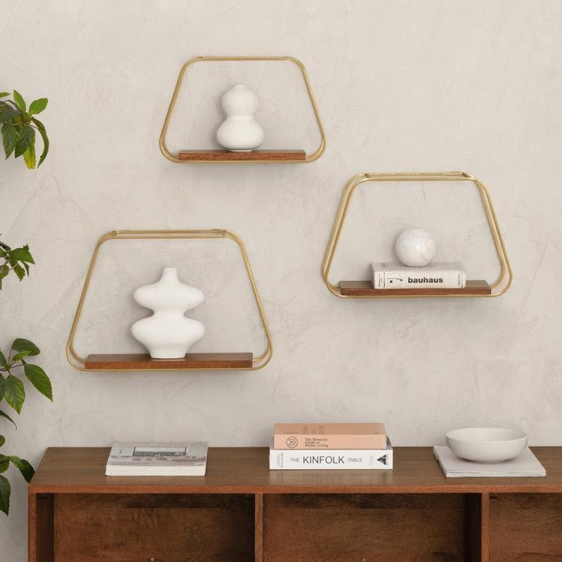 Doğal Masif Mango Ağacı ve Gold Metal Trapez Şekilli 3lü Set Duvar Rafı - 46x30 cm - 179745