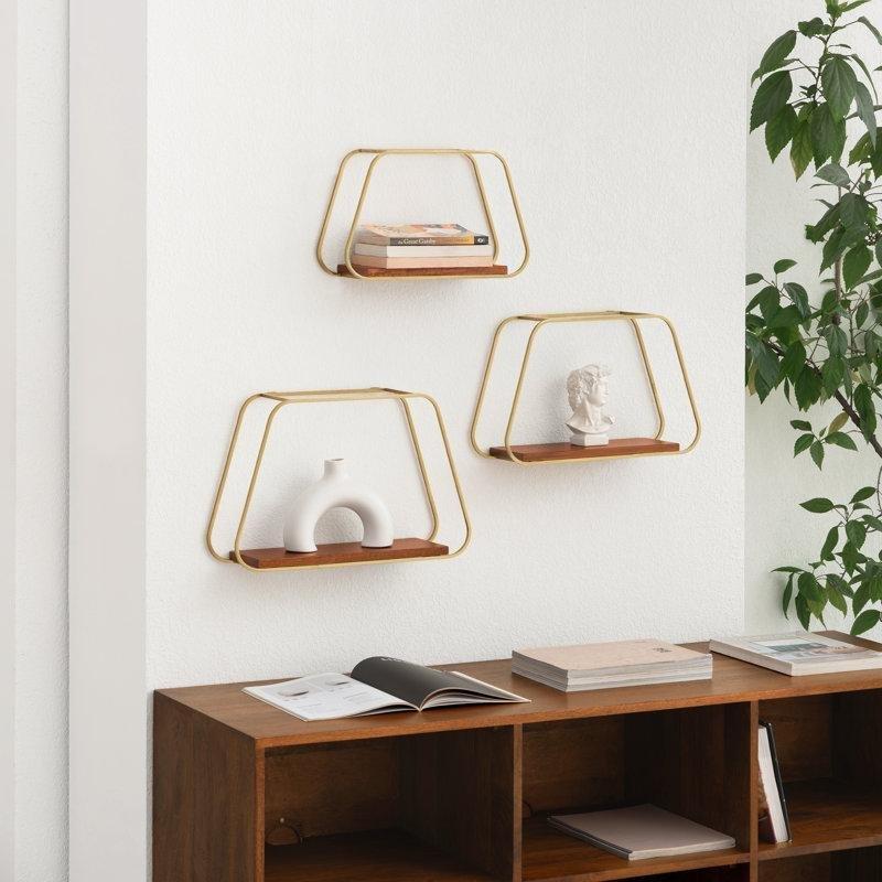 Doğal Masif Mango Ağacı ve Gold Metal Trapez Şekilli 3lü Set Duvar Rafı - 46x30 cm - 179745