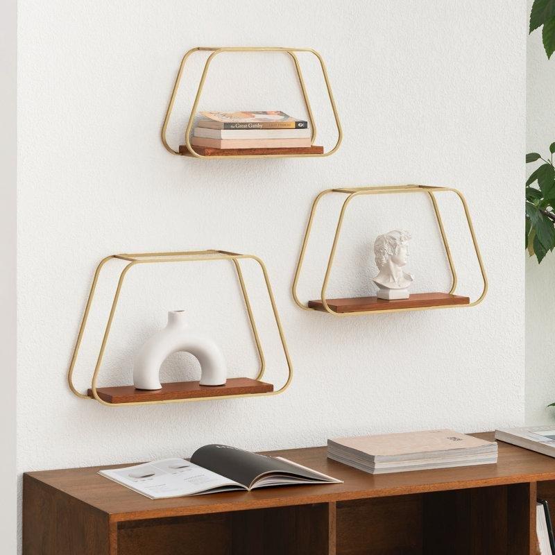 Doğal Masif Mango Ağacı ve Gold Metal Trapez Şekilli 3lü Set Duvar Rafı - 46x30 cm - 179745