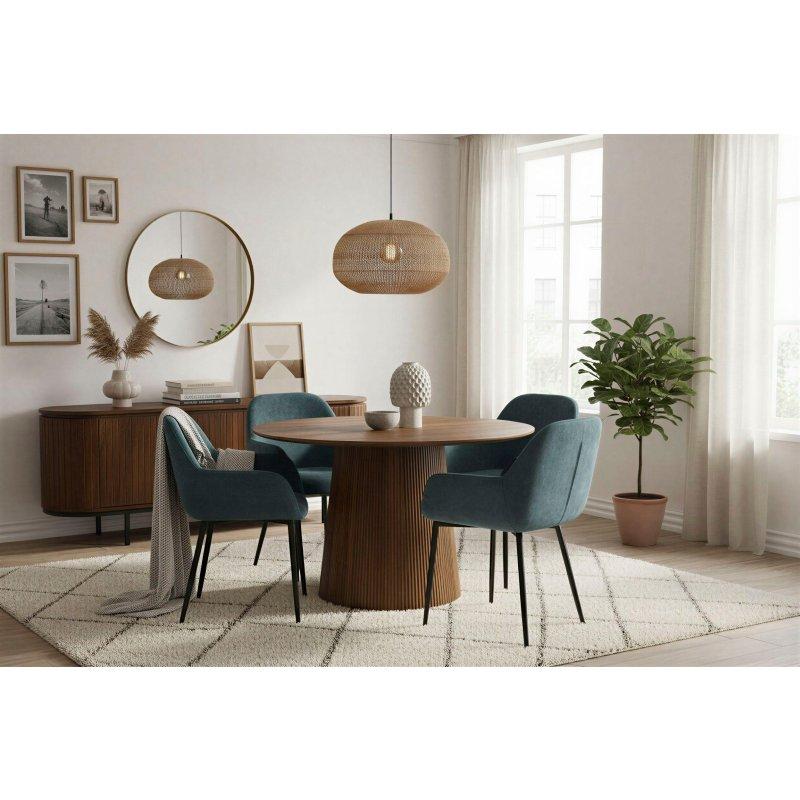 Doğal Masif Mango Ağacı Yuvarlak Sütun Ayaklı Bohem Yemek Masası - 130 cm - 235247