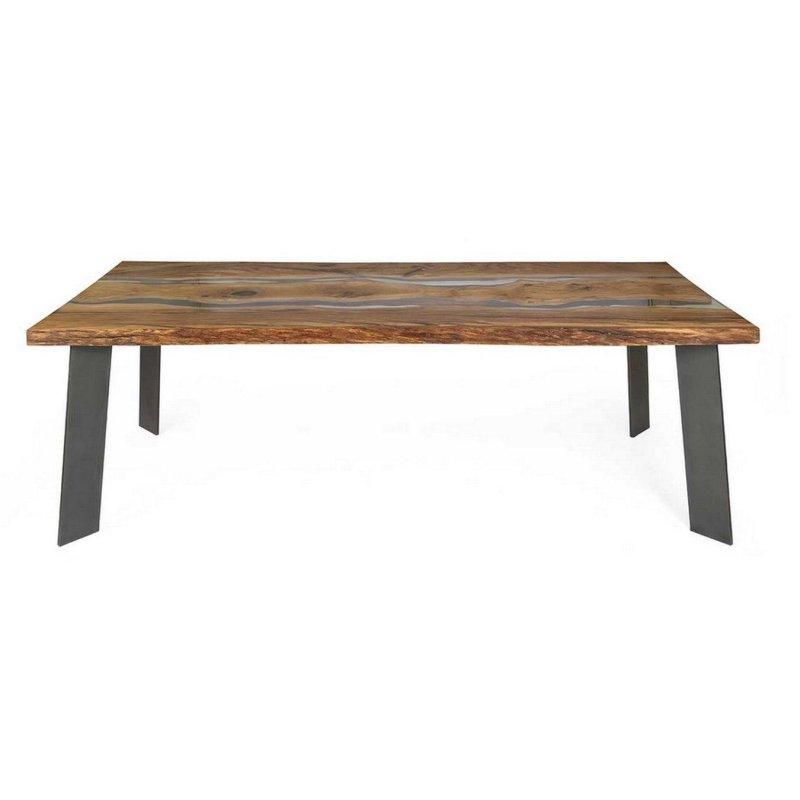 Doğal Masif Meşe Organik Kenarlı Siyah Çelik Ayaklı Bohem Yemek Masası - 240x100x76 cm - 236071