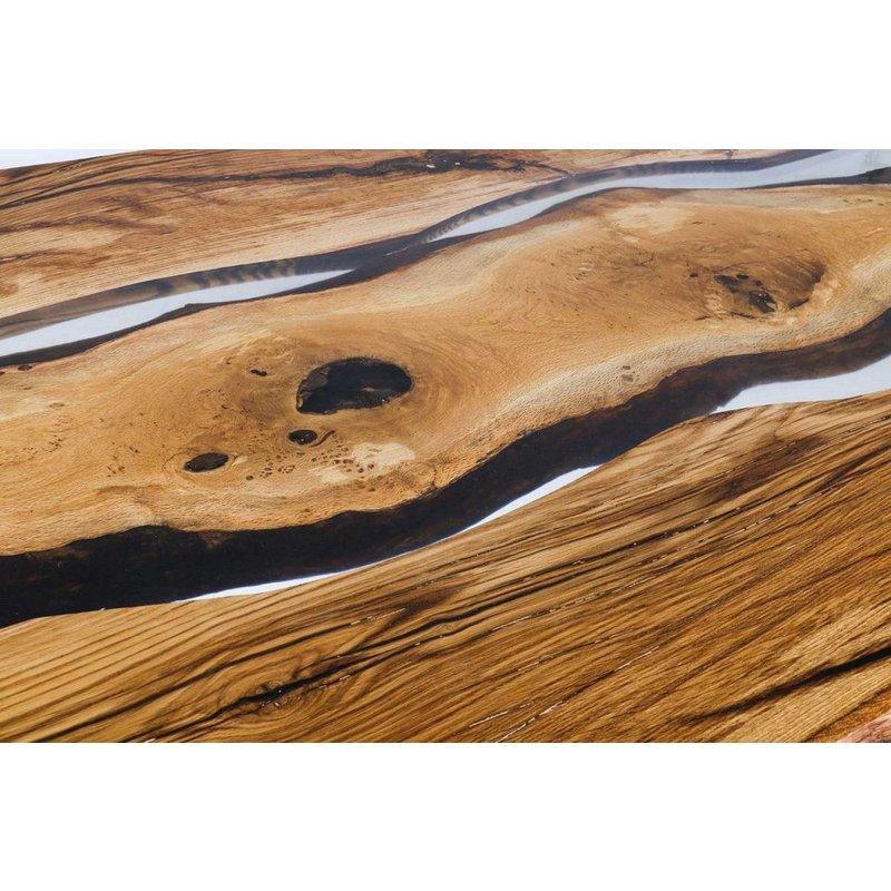Doğal Masif Meşe Organik Kenarlı Siyah Çelik Ayaklı Bohem Yemek Masası - 240x100x76 cm - 236071