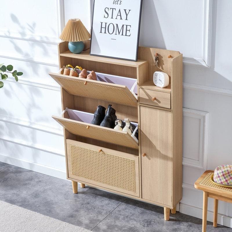 Doğal MDF Metal Ayaklı Rattan Desenli Düşer Kapaklı Ayakkabılık - 127x96x18 cm - 228196