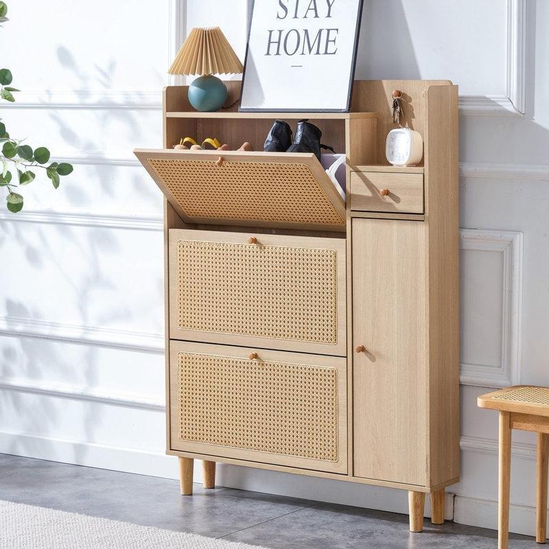 Doğal MDF Metal Ayaklı Rattan Desenli Düşer Kapaklı Ayakkabılık - 127x96x18 cm - 228196
