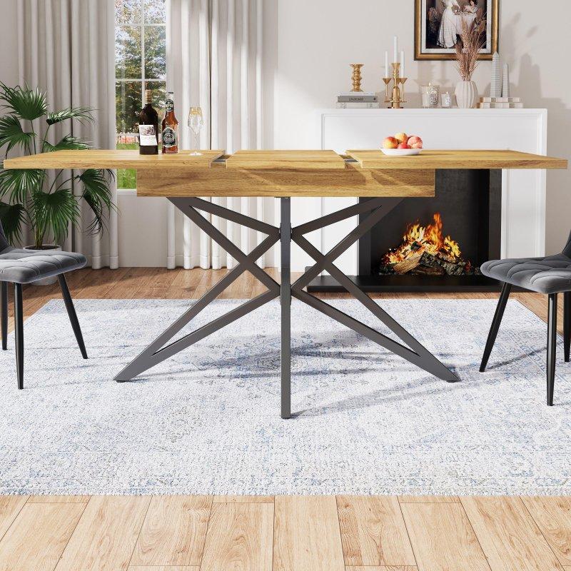 Doğal MDF Tablalı Siyah Metal Ayaklı Açılabilir Bohem Yemek Masası - 120-160 cm - 236011