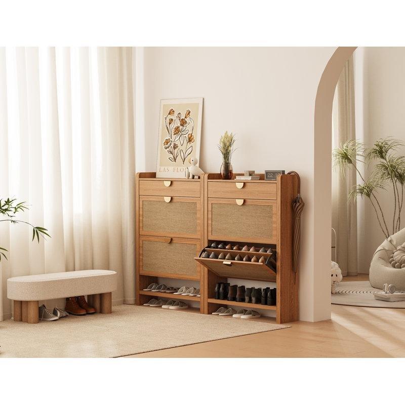 Doğal Meşe Endüstriyel Ahşap Çekmeceli ve Düşer Kapaklı Dar Ayakkabılık 82x120 cm - 229111