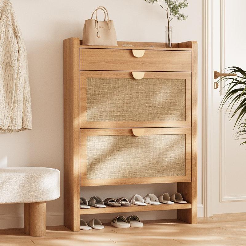 Doğal Meşe Endüstriyel Ahşap Çekmeceli ve Düşer Kapaklı Dar Ayakkabılık 82x120 cm - 229111