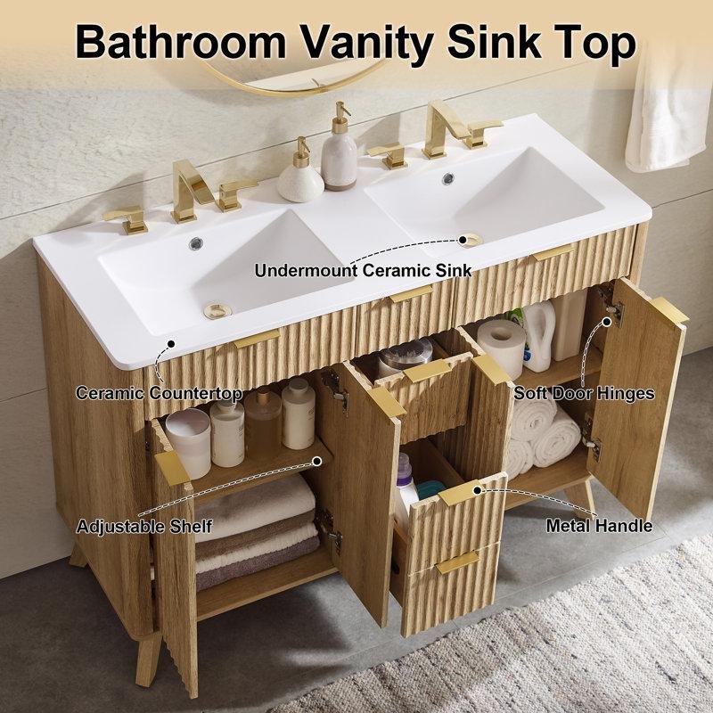 Doğal Meşe Endüstriyel Taş Tezgahlı Ayaklı Çift Lavabolu Yavaş Kapanır Banyo Lavabo Dolabı - 123 cm - 197777