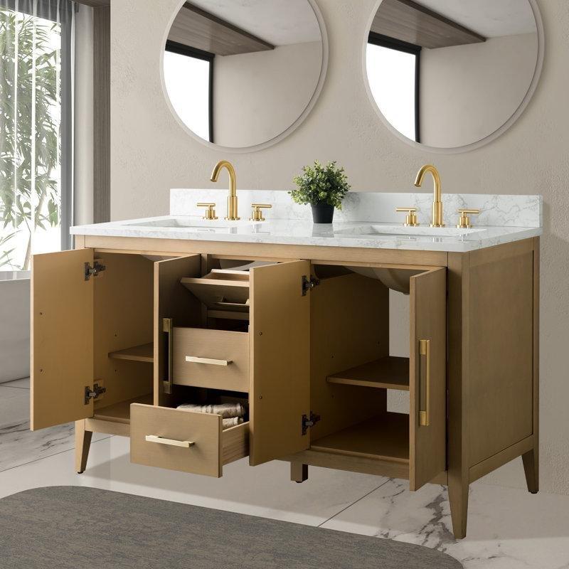 Doğal Meşe Masif Ahşap Çift Lavabolu Mermer Tezgahlı Yavaş Kapanır Banyo Lavabo Dolabı - 153 cm - 198507