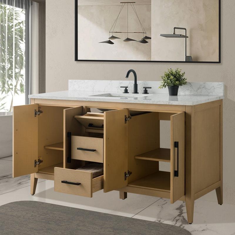 Doğal Meşe Masif Ahşap Gövdeli Endüstriyel Mermer Tezgahlı Çekmeceli Banyo Lavabo Dolabı - 153 cm - 198033
