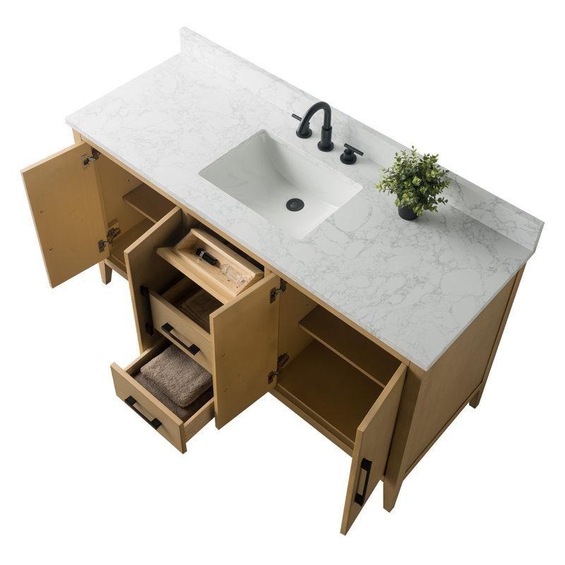 Doğal Meşe Masif Ahşap Gövdeli Endüstriyel Mermer Tezgahlı Çekmeceli Banyo Lavabo Dolabı - 153 cm - 198033