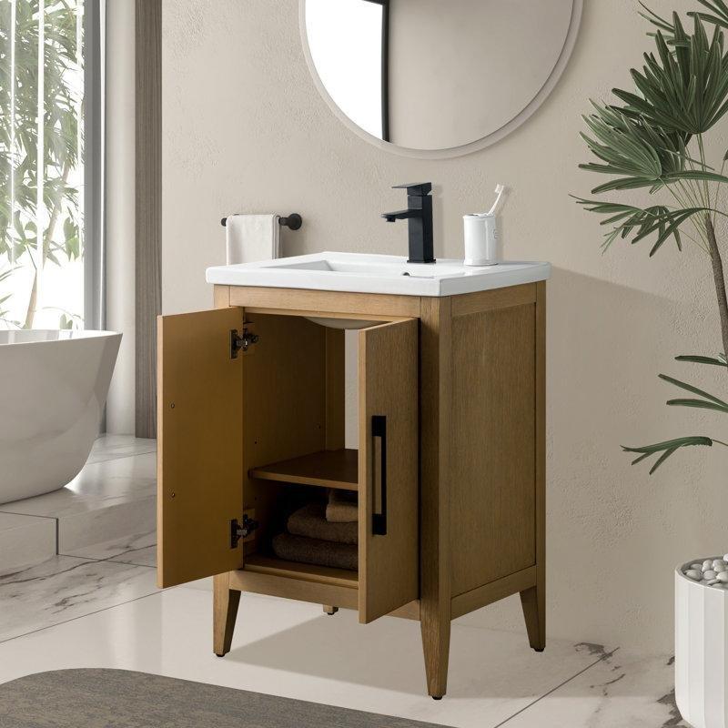 Doğal Meşe Masif Ahşap Yavaş Kapanır Kapaklı Banyo Lavabo Dolabı - 61 cm - 199229