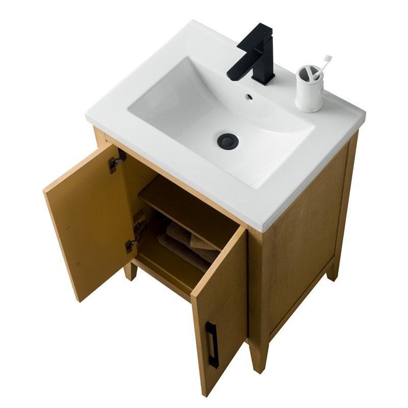 Doğal Meşe Masif Ahşap Yavaş Kapanır Kapaklı Banyo Lavabo Dolabı - 61 cm - 199229