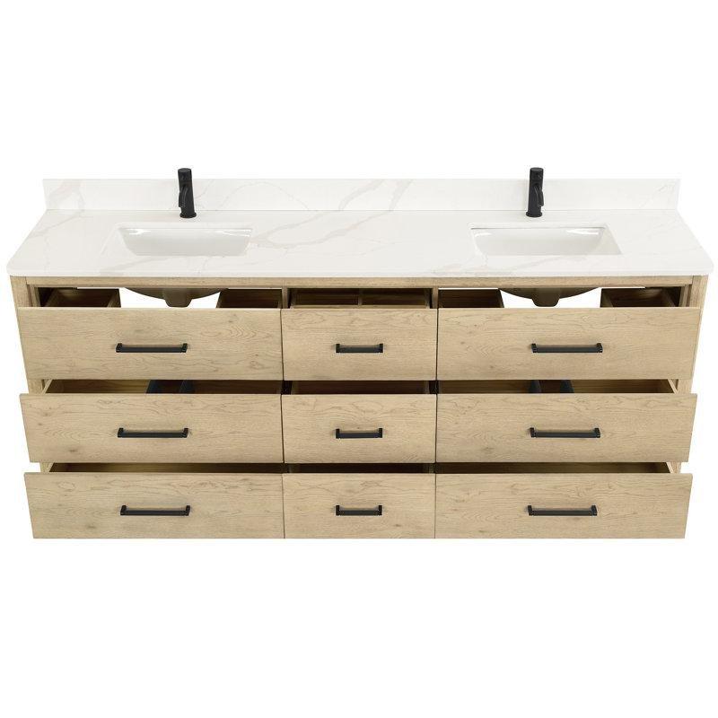 Doğal Meşe Masif Kavak Ağacı Kuvars Tezgahlı Çift Lavabolu Ayaklı Banyo Lavabo Dolabı - 214 cm - 198403