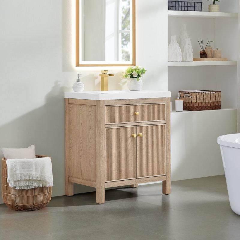 Doğal Meşe Masif Ladin Ahşap Yivli Kapaklı Gold Kulplu Banyo Lavabo Dolabı - 77 cm - 198110