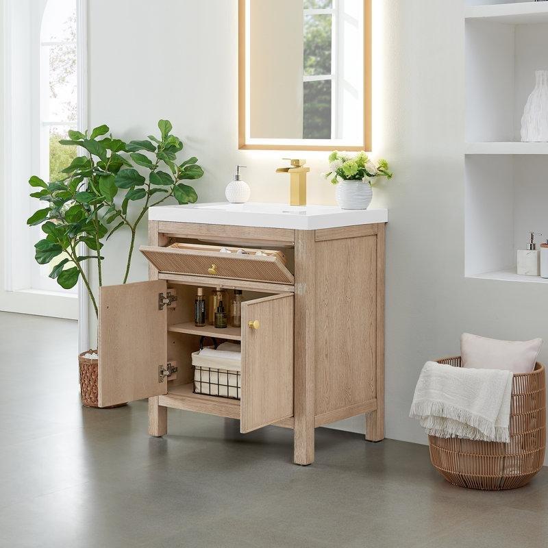 Doğal Meşe Masif Ladin Ahşap Yivli Kapaklı Gold Kulplu Banyo Lavabo Dolabı - 77 cm - 198110