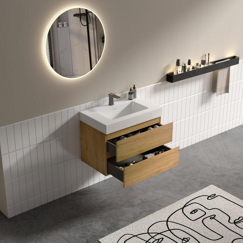 Doğal Meşe Masif ve Endüstriyel Ahşap Duvara Monte Çekmeceli Banyo Lavabo Dolabı - 76 cm - 198411