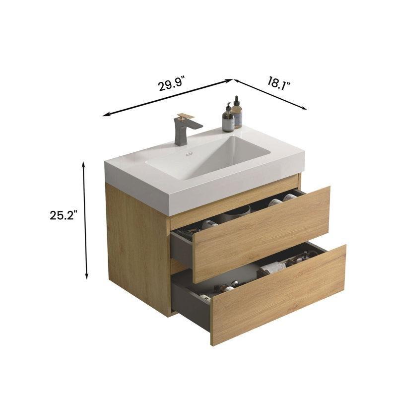 Doğal Meşe Masif ve Endüstriyel Ahşap Duvara Monte Çekmeceli Banyo Lavabo Dolabı - 76 cm - 198411