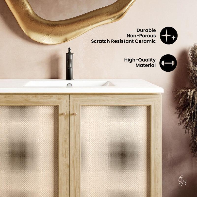 Doğal Meşe MDF Yavaş Kapanır Kapaklı Ayaklı Banyo Lavabo Dolabı - 93 cm - 200147