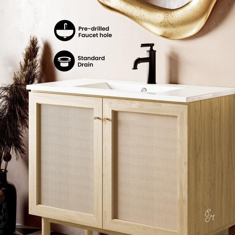 Doğal Meşe MDF Yavaş Kapanır Kapaklı Ayaklı Banyo Lavabo Dolabı - 93 cm - 200147