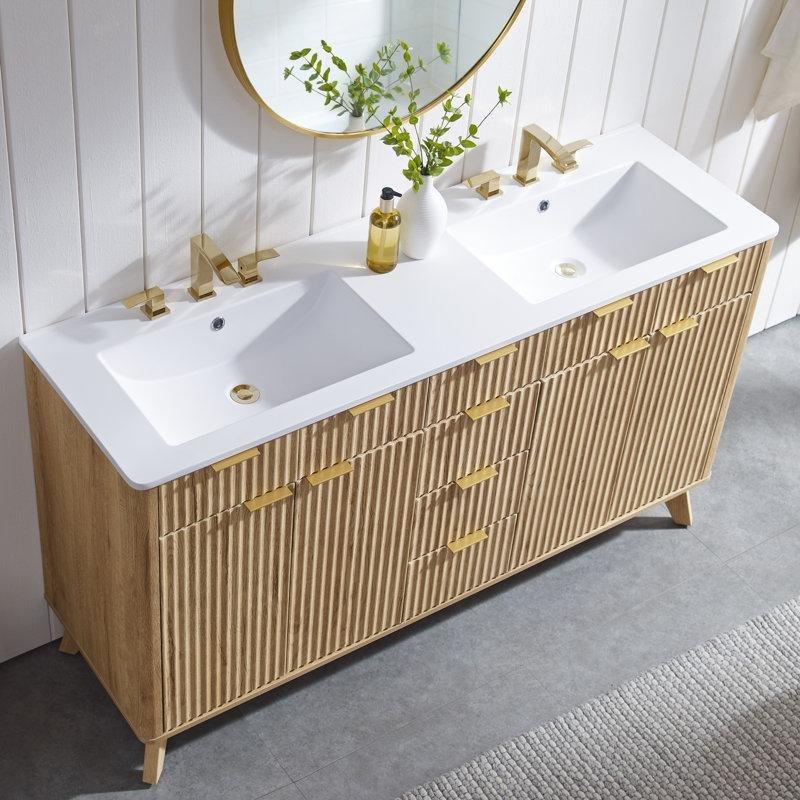 Doğal Meşe Mermer Tezgahlı Ayaklı Çift Lavabolu Yavaş Kapanır Banyo Lavabo Dolabı - 153 cm - 199646