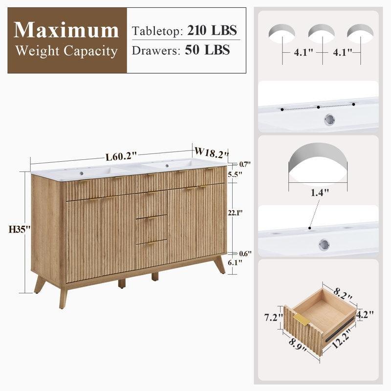Doğal Meşe Mermer Tezgahlı Ayaklı Çift Lavabolu Yavaş Kapanır Banyo Lavabo Dolabı - 153 cm - 199646